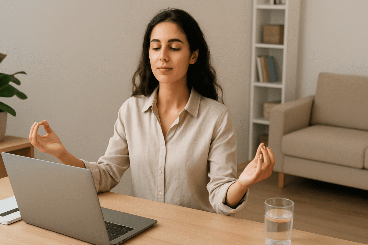 Woman practicing meditation in front of a laptop, with a glass of water on the table, in a calm and serene indoor environment