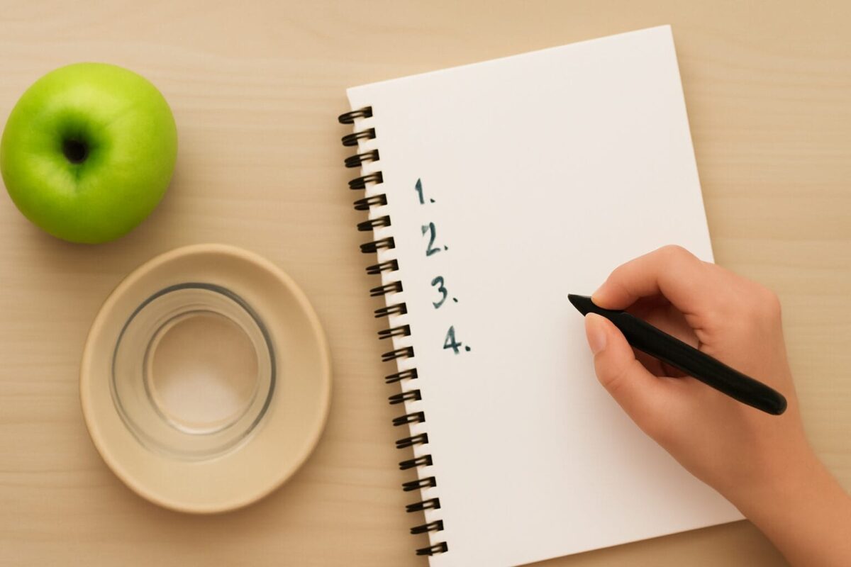 Top-down view of a light wood surface with a green apple, a glass of water, and a spiral notebook with numbered lines, while a hand writes with a black pen.