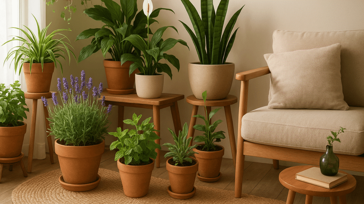 Indoor space with various potted plants in terracotta pots, including lavender, herbs, and greenery, with a sofa and a small table.
