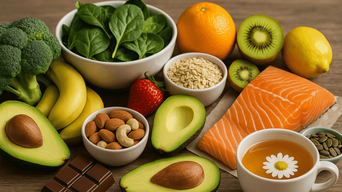 Healthy food spread including broccoli, spinach, bananas, oranges, kiwi, salmon, avocados, almonds, dark chocolate, and a cup of herbal tea with a daisy on top