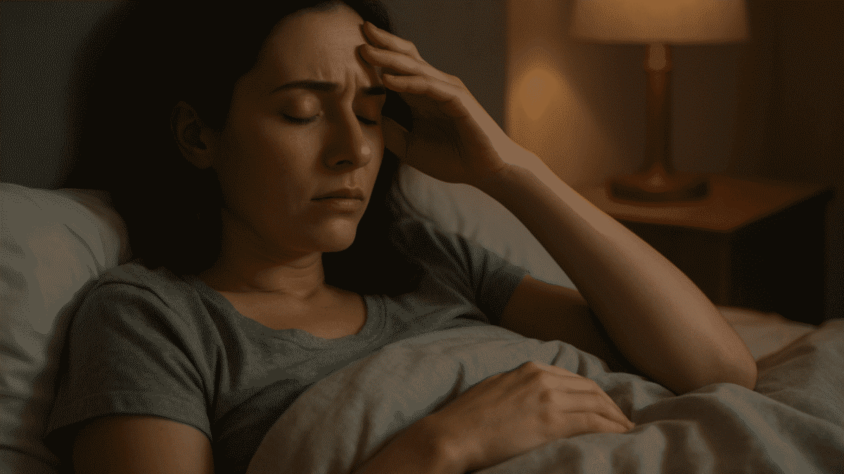 Woman lying in bed with a hand on her forehead, looking distressed or in pain, with soft lighting in the background.