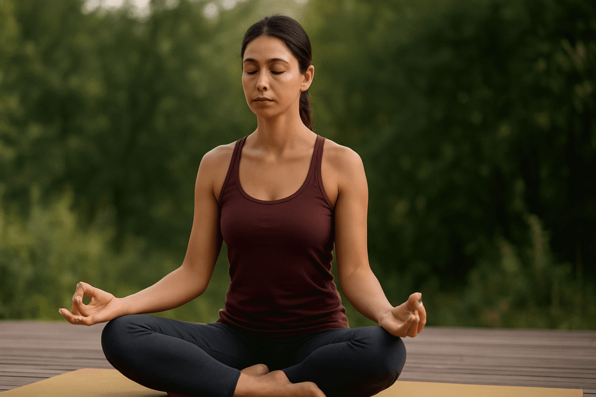 Woman meditating outdoors on a yoga mat, sitting cross-legged with her hands in a mudra position, surrounded by greenery