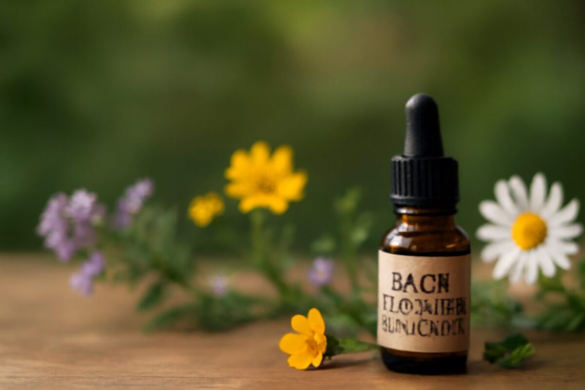 Amber dropper bottle of Bach Flower Remedies placed on a wooden surface surrounded by vibrant wildflowers, including yellow and purple blooms, with a soft blurred green background