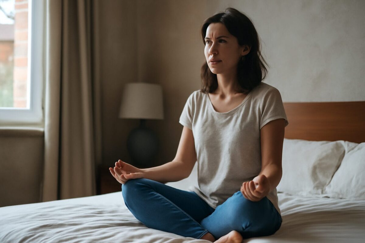 Woman meditating on a bed in a calm and peaceful bedroom, sitting cross-legged with her hands resting on her knees