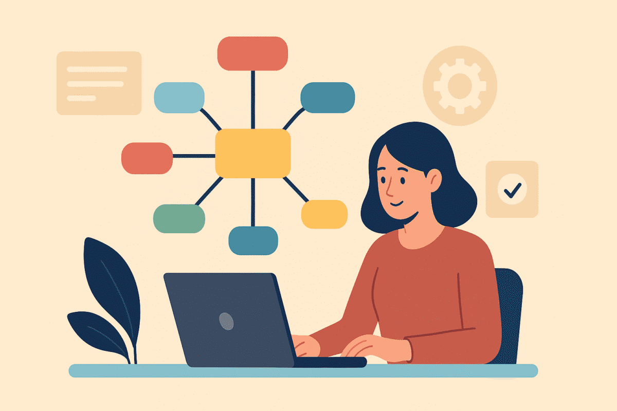 Illustration of a woman working on a laptop, surrounded by various icons and shapes representing data, analysis, and workflow management.