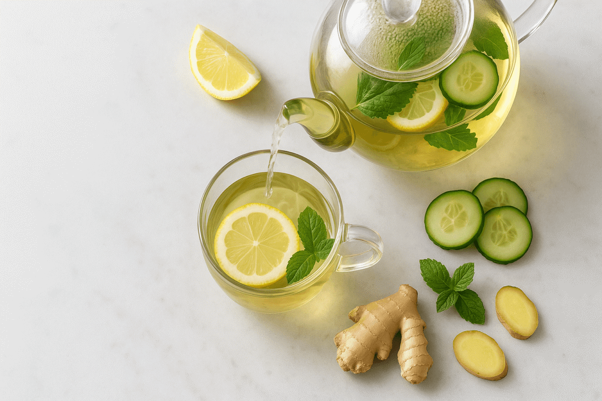 Herbal tea with slices of lemon, cucumber, and fresh mint leaves, with a teapot pouring tea into a cup, and ginger root slices placed on the table.