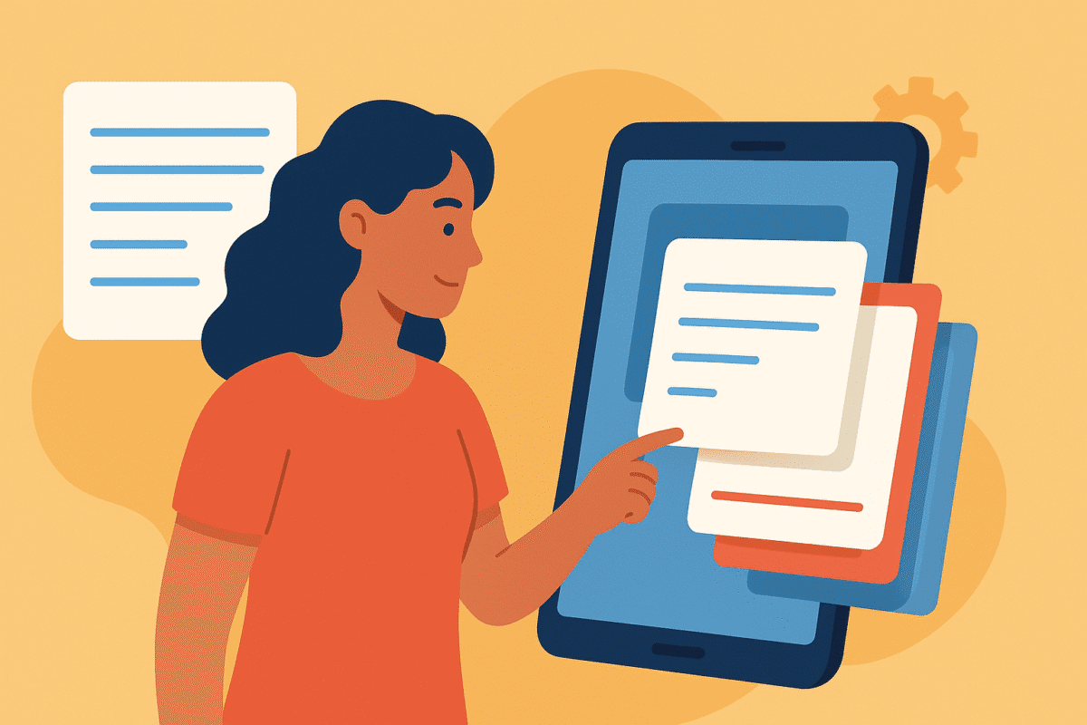 Illustration of a woman interacting with a smartphone displaying floating documents or messages