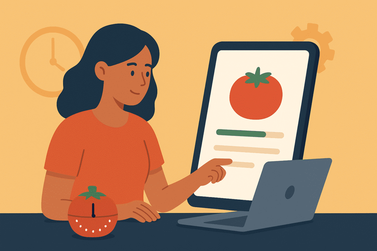 Illustration of a woman pointing at a digital tomato on a tablet screen, with a tomato placed on the table beside her.