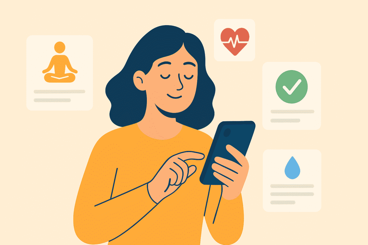 Illustration of a woman using a smartphone, with icons representing meditation, heart health, a checkmark, and water in the background.