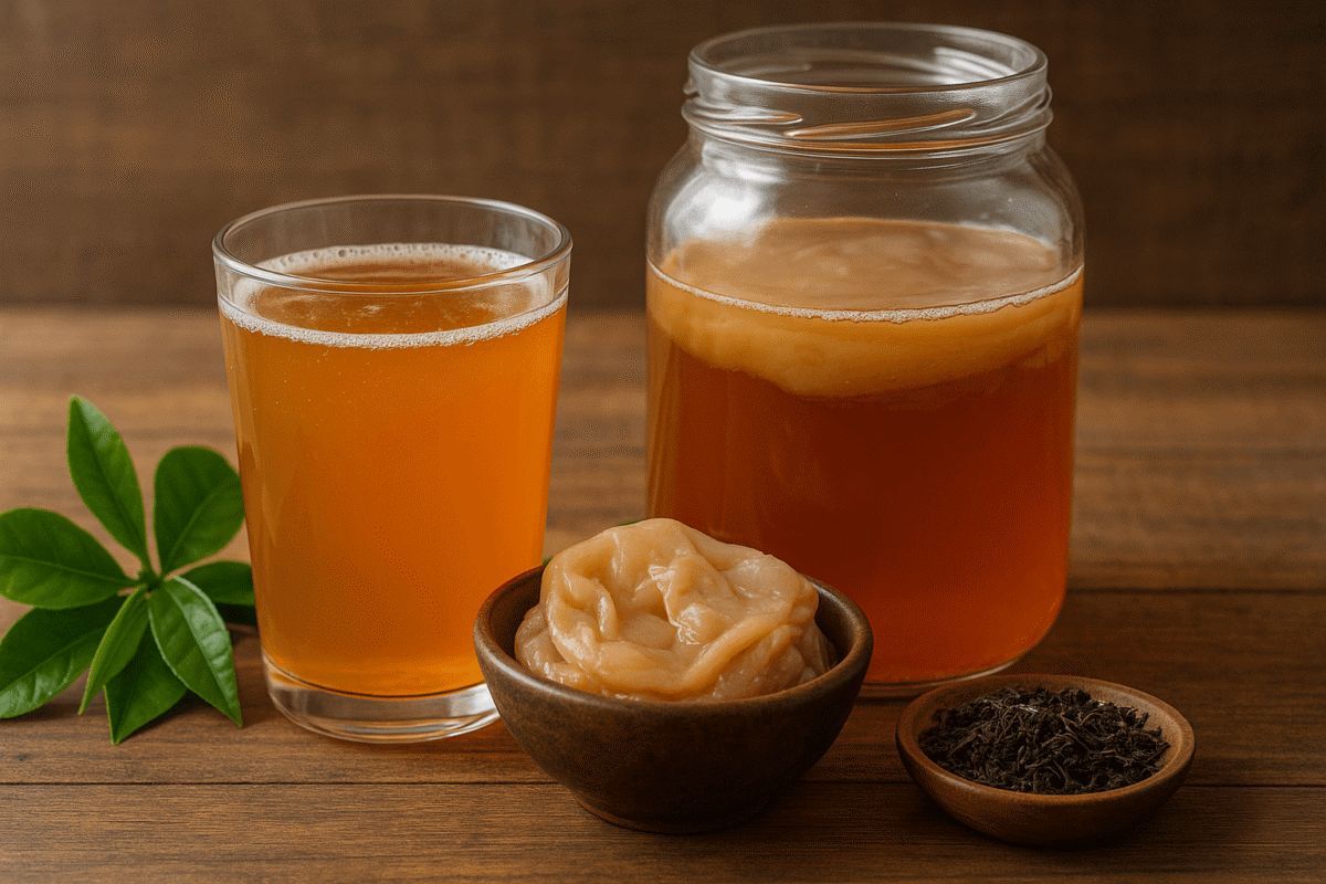 Glass of kombucha, a jar of kombucha tea, a bowl of kombucha SCOBY, and loose tea leaves on a wooden surface with fresh green leaves.
