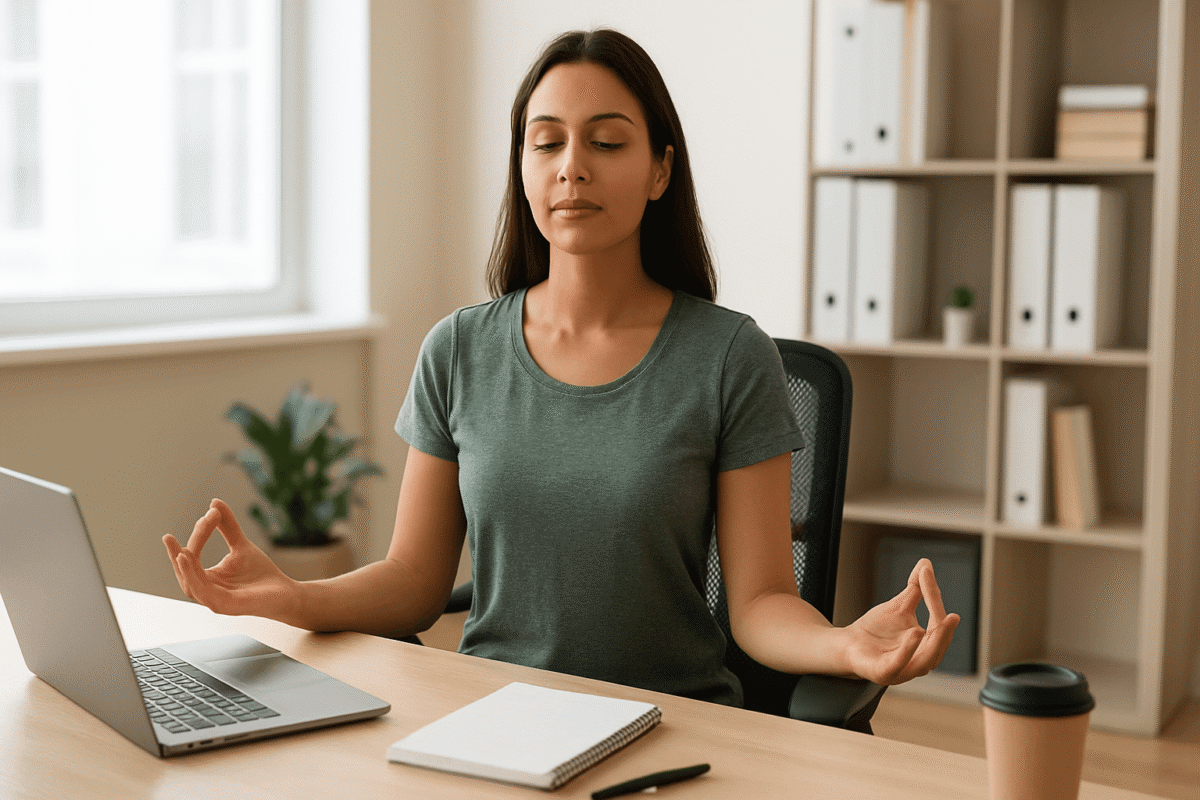 Woman meditating at her desk in an office environment, with her hands in a mudra position, a laptop and coffee cup in front of her