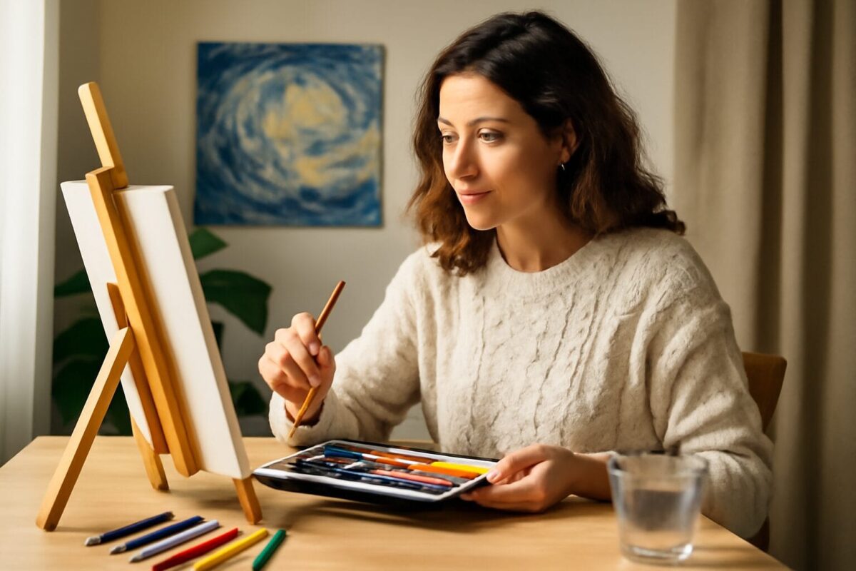 Woman painting on an easel with a set of colored pencils, sitting at a table with a glass of water, and a painting on the wall in the background.