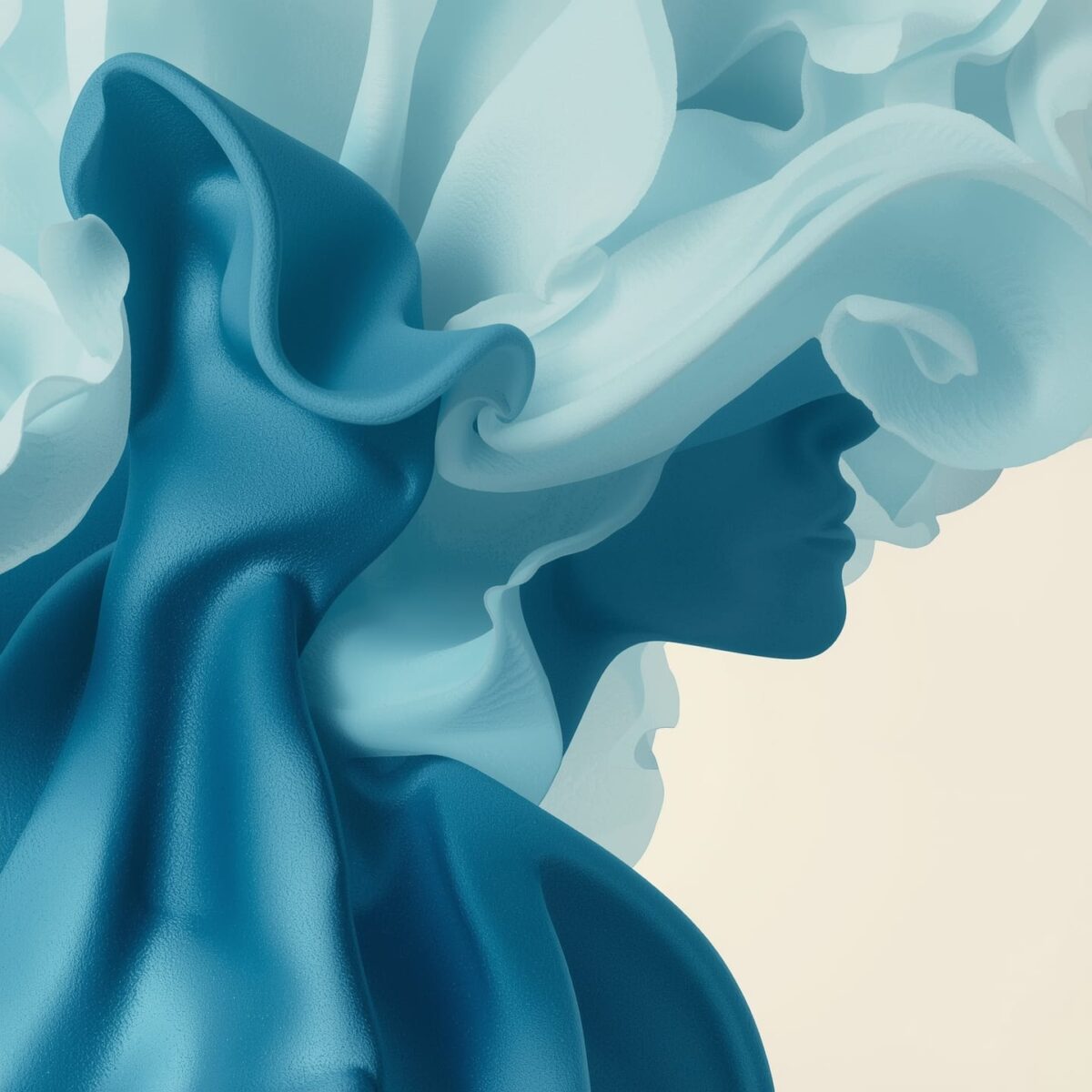Stylized blue silhouette of a person partially covered by soft, fluid shapes in light blue tones, creating an artistic and fabric-like effect