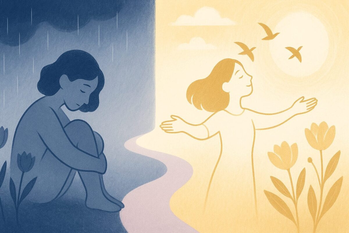 A delicate modern illustration showing a journey of personal transformation and healing, from darkness to light, with symbolic flowers, rain, and golden skies.