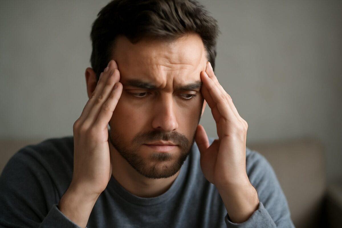 A close-up portrait of a man in his 30s, showing signs of stress or fatigue. He has tousled dark brown hair, furrowed brows, and his fingers rest against his temples. The man has a well-groomed yet slightly uneven beard, and the soft, natural lighting from the left highlights his features against a muted, light gray background. His expression reflects deep thought or emotional strain.
