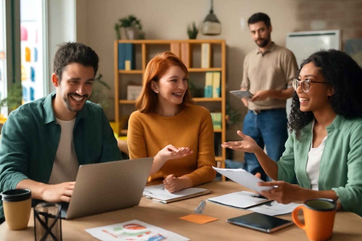 Group of four people collaborating in an office setting, with one person working on a laptop, another talking, and two others interacting with papers and documents.
