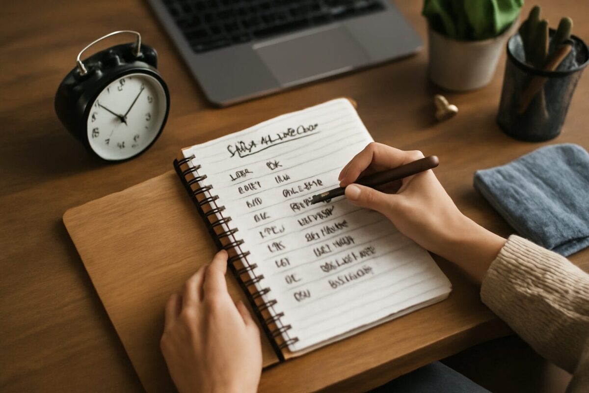 Person writing in a notebook with a pen, with a desk clock, a plant, and a mug in the background, on a work desk