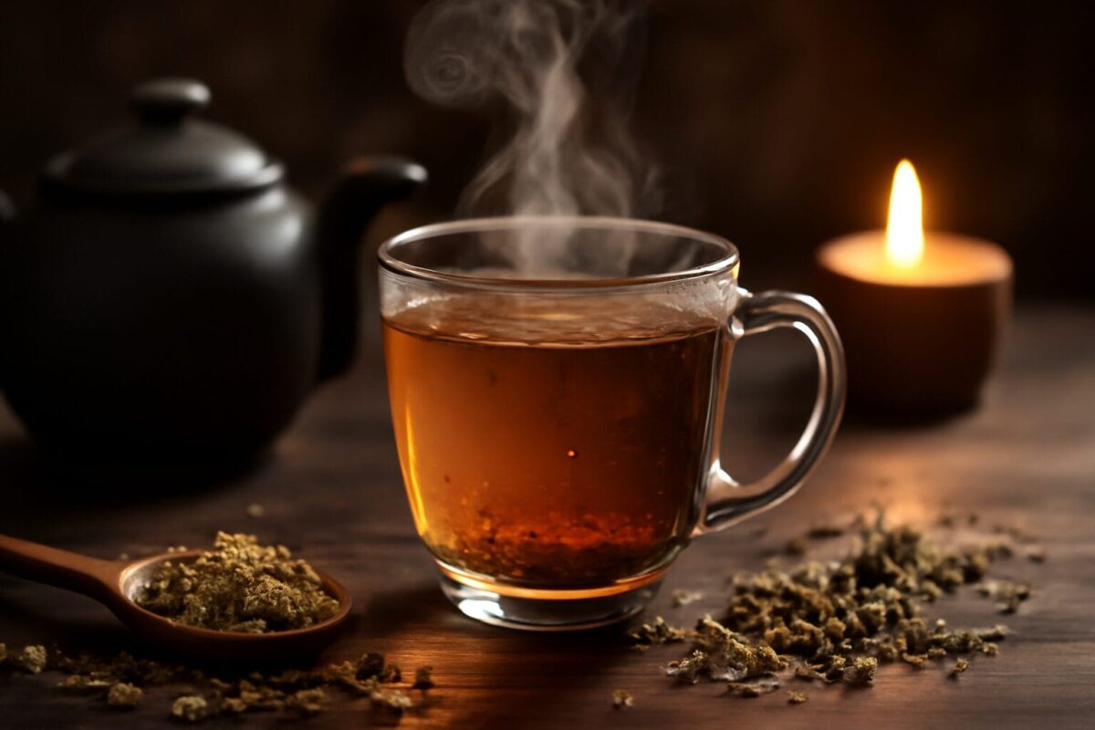 Close-up of a steaming cup of tea with loose tea leaves scattered around, a teapot in the background, and a lit candle on a wooden surface