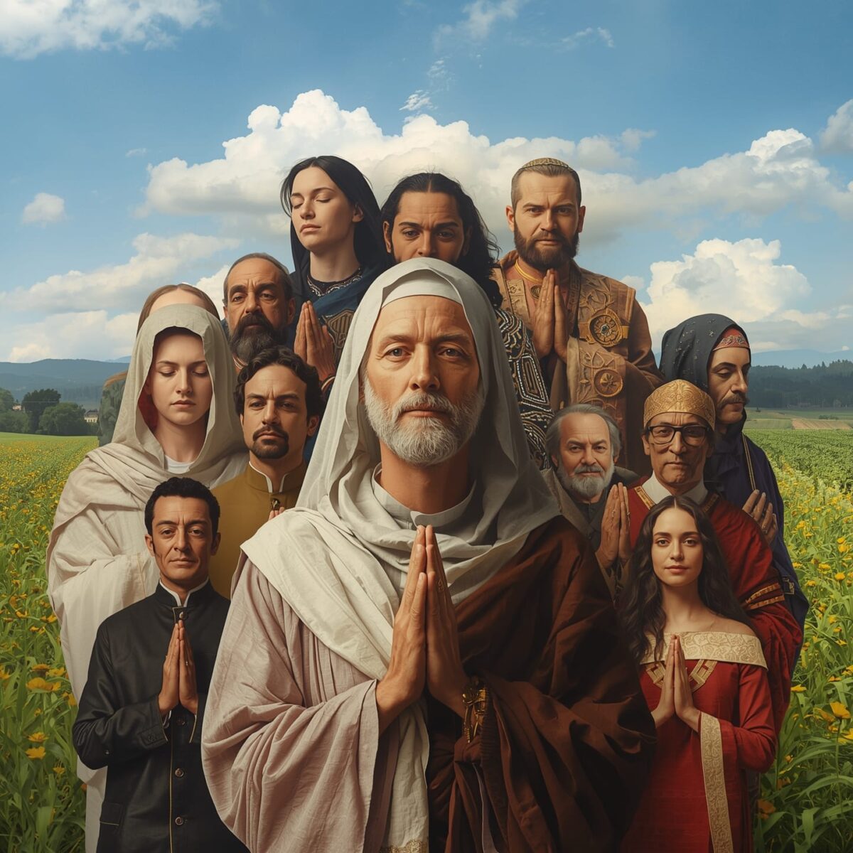 serene landscape in the background and human figures of different ethnicities and ages in the foreground with contemplative and reverent expressions while other figures are immersed in spiritual activities such as meditation or prayer contrasting with images of religious rituals in the background highlighting the distinction between religiosity and spirituality with soft and natural colors that evoke feelings of calm and introspection
