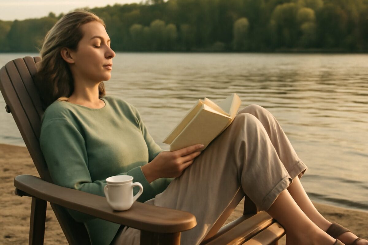 A woman relaxing in an Adirondack chair by a calm lake at sunset, reading a book, embodying the essence of JOMO travel with peaceful solitude and nature