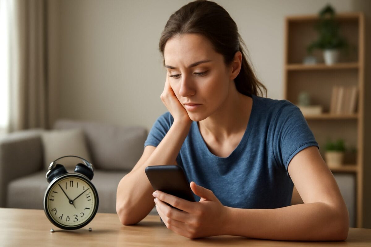A focused young woman with light skin and brown hair tied in a ponytail sits at a light wooden table in a well-lit living room. She holds a smartphone in her right hand, looking deep in thought. A classic black alarm clock sits on the table next to her, and a bookshelf with plants and books is seen in the background.
