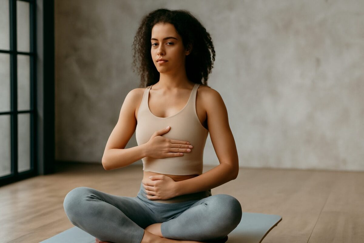 A woman practicing a calming breathing exercise on a light gray yoga mat in an industrial-style room. She is sitting cross-legged with a serene expression, wearing a beige tank top and gray leggings. Soft natural light filters through a large window, highlighting her peaceful posture and the textured concrete wall behind her.