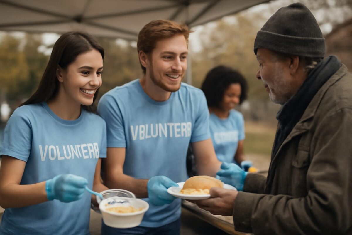 Volunteers handing food to a homeless person at an outdoor event, with two volunteers wearing 'VOLUNTEER' t-shirts and gloves, serving a plate of food.