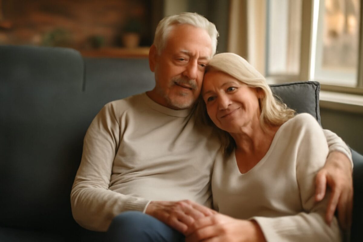 An elderly couple sitting on a cozy gray sofa, smiling and enjoying a peaceful moment together in a warm, natural-lit living room, embodying the concept of healthy longevity.