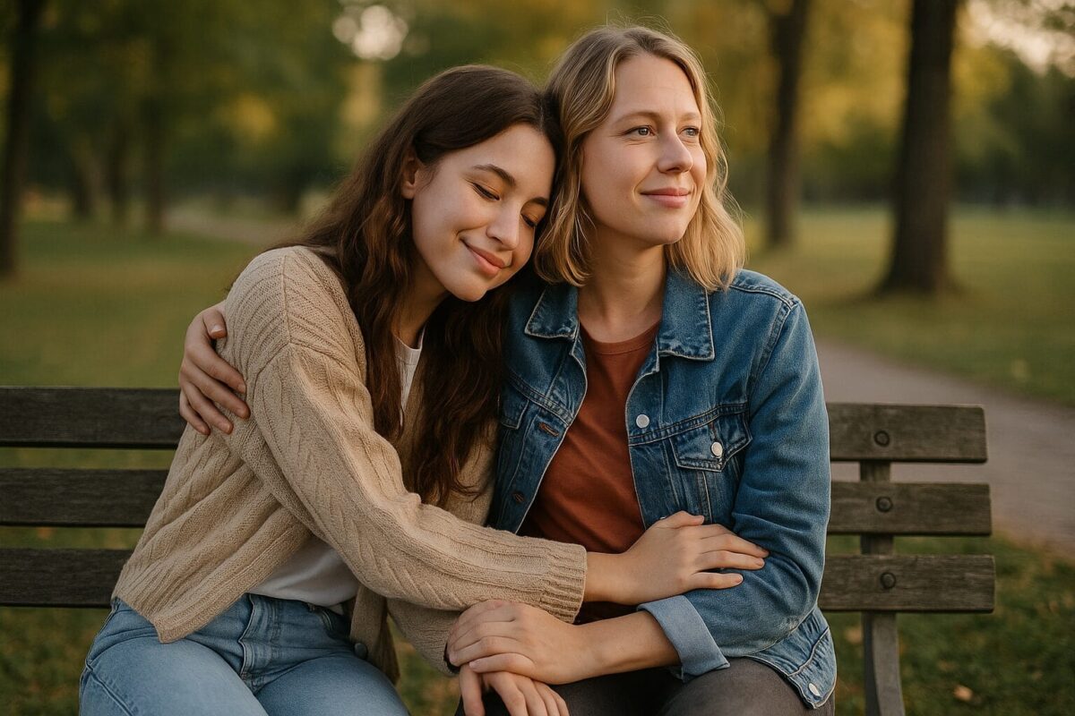 A serene moment between two friends sitting on a wooden bench at sunset, one resting her head on the other's shoulder, symbolizing peace and emotional growth through evolving friendships.