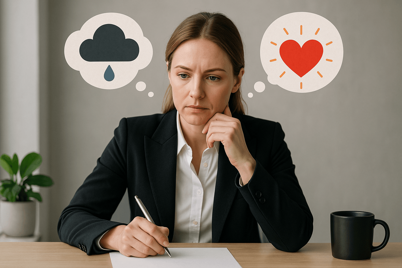 Light-skinned, blue-eyed businesswoman sitting at a desk, reflecting between positive and negative emotions symbolized by a heart and a rain cloud, illustrating emotional awareness in decision-making