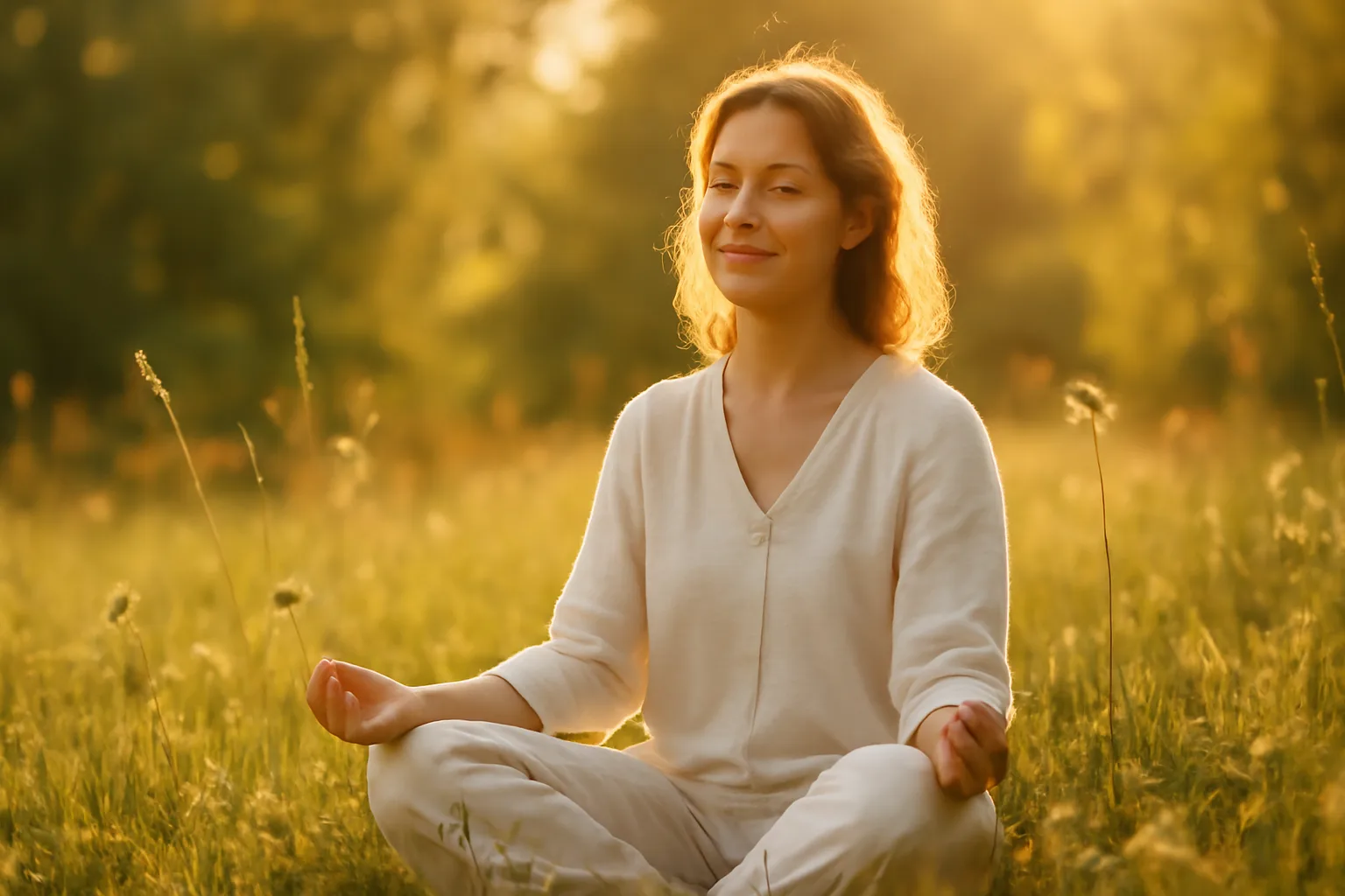 Living in the moment - woman practicing mindful presence and awareness in nature