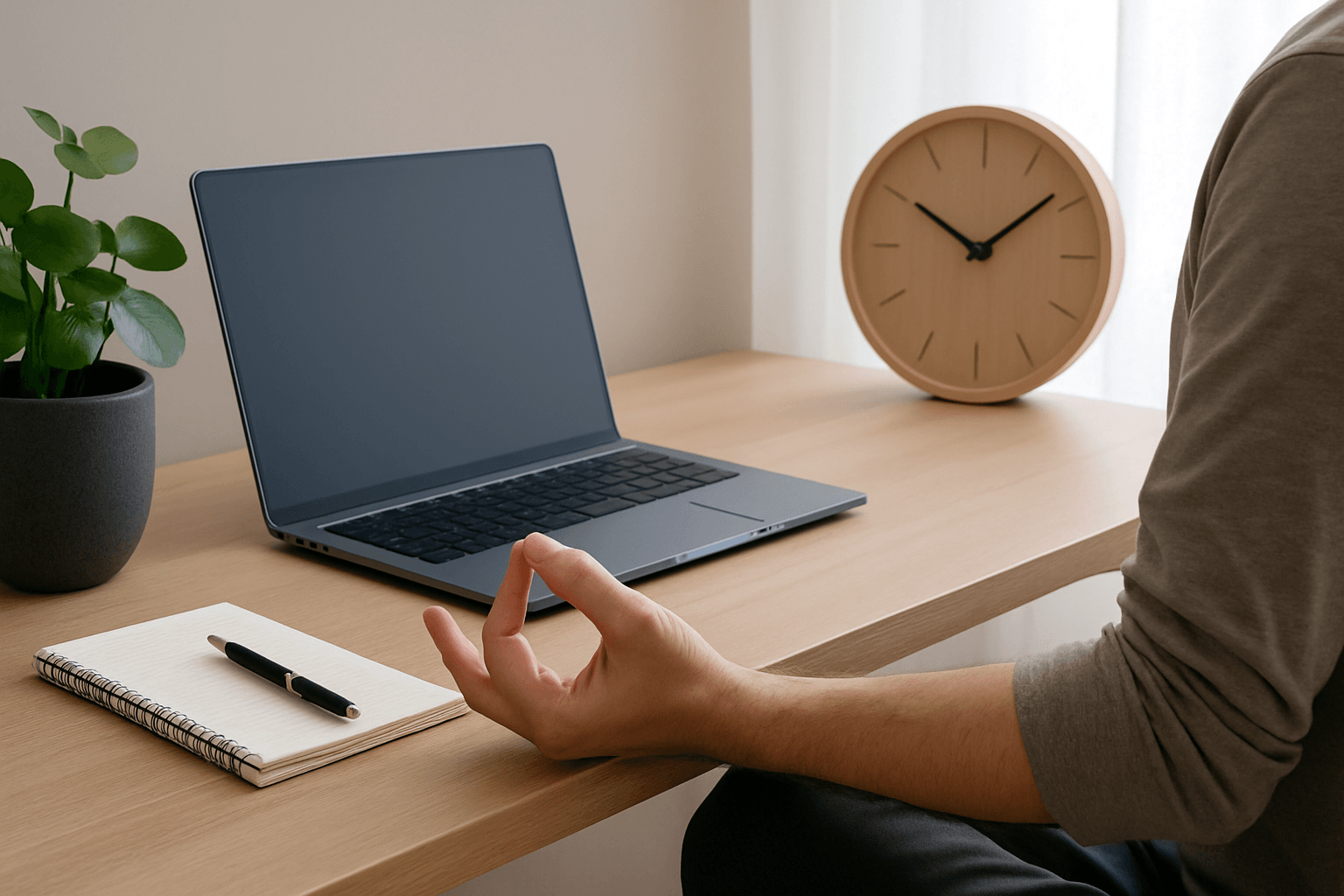 Minimalist workspace with a laptop, plant, and clock, symbolizing mindfulness and focus in productivity