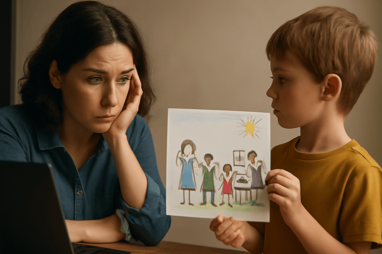 Mother at home, emotionally observing a family drawing held by her seven-year-old son. They are in a cozy home office, with soft light and a calm, intimate atmosphere.