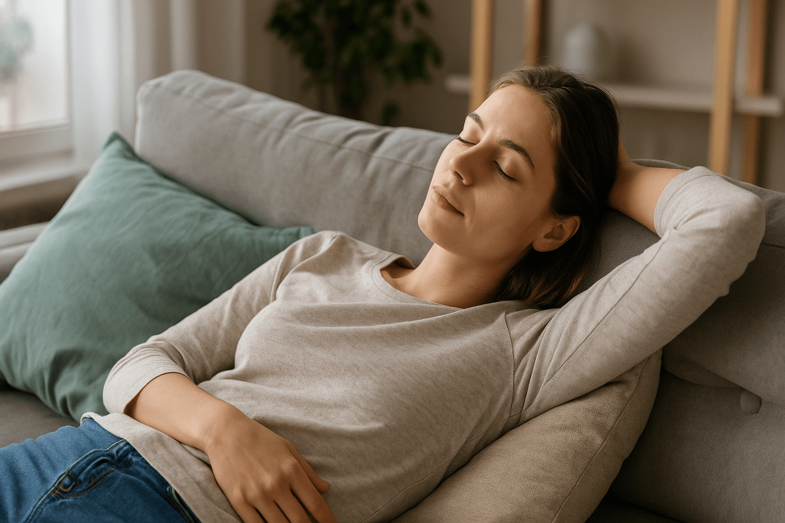 Woman resting on a sofa in a sunlit living room, representing the power of rest and how slowing down boosts productivity