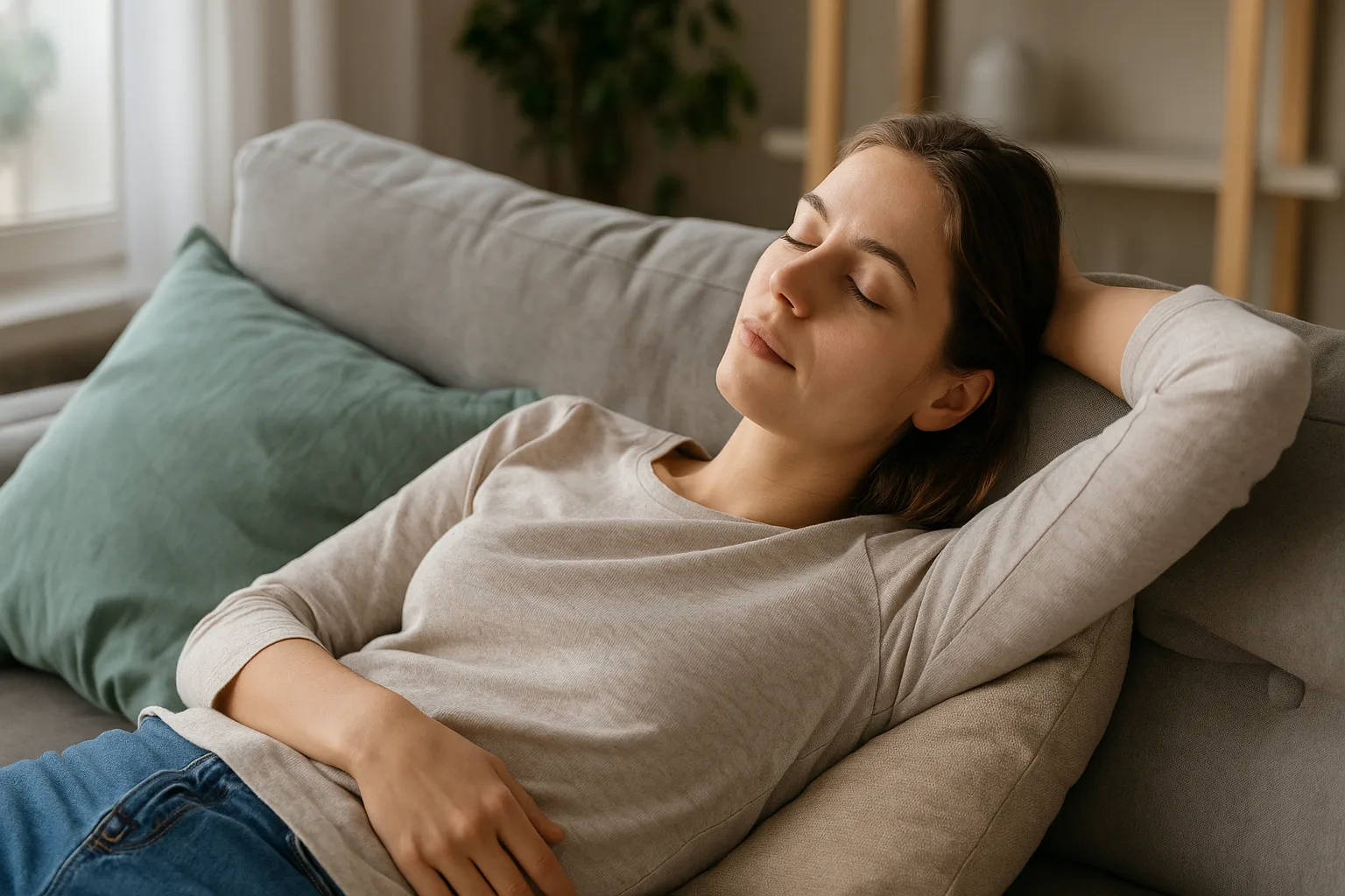Woman resting on a sofa in a sunlit living room, representing the power of rest and how slowing down boosts productivity