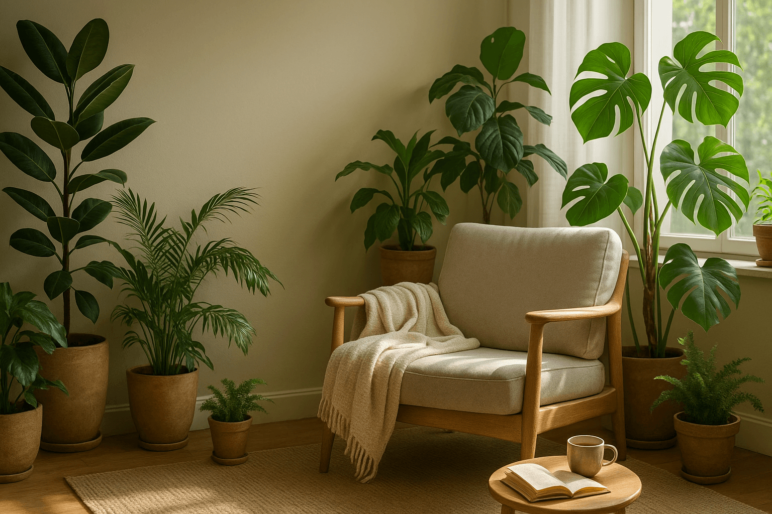 Woman relaxing in a cozy green corner at home, surrounded by indoor plants and natural light.