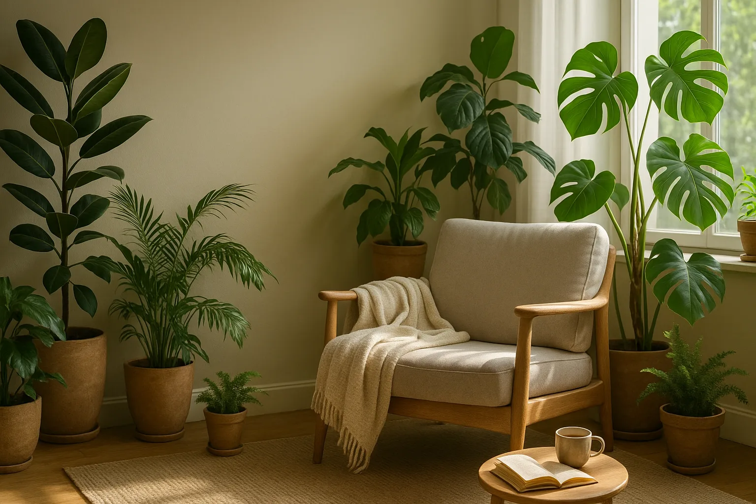 Woman relaxing in a cozy green corner at home, surrounded by indoor plants and natural light.