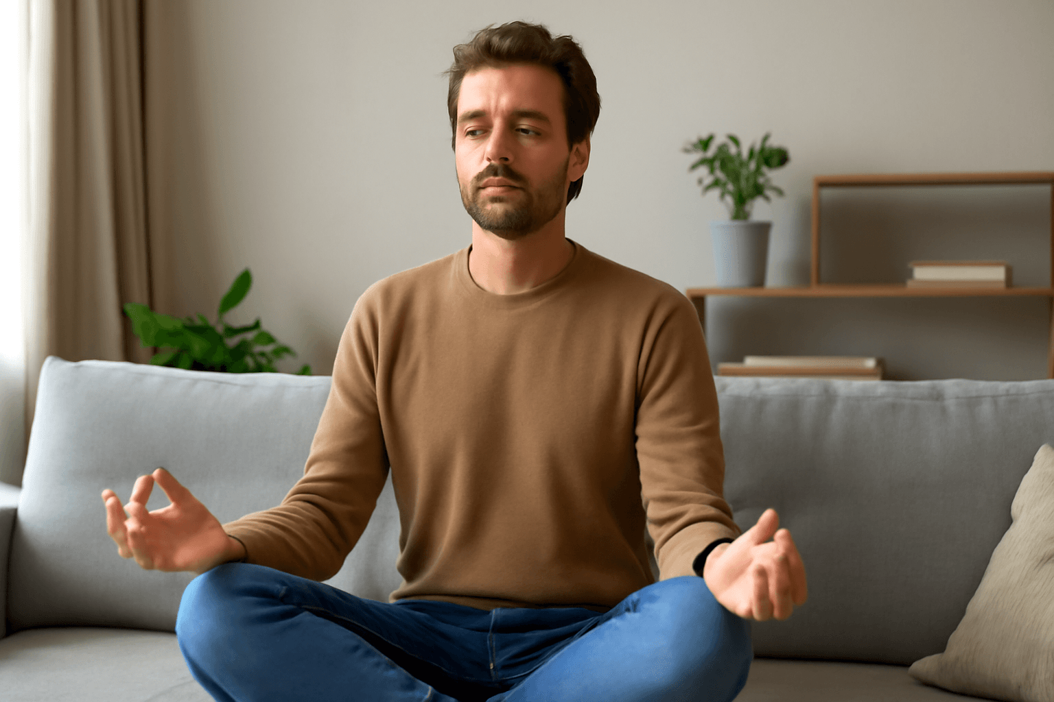 Caucasian man meditating while seated on a sofa in a well-lit room, with plants in the background