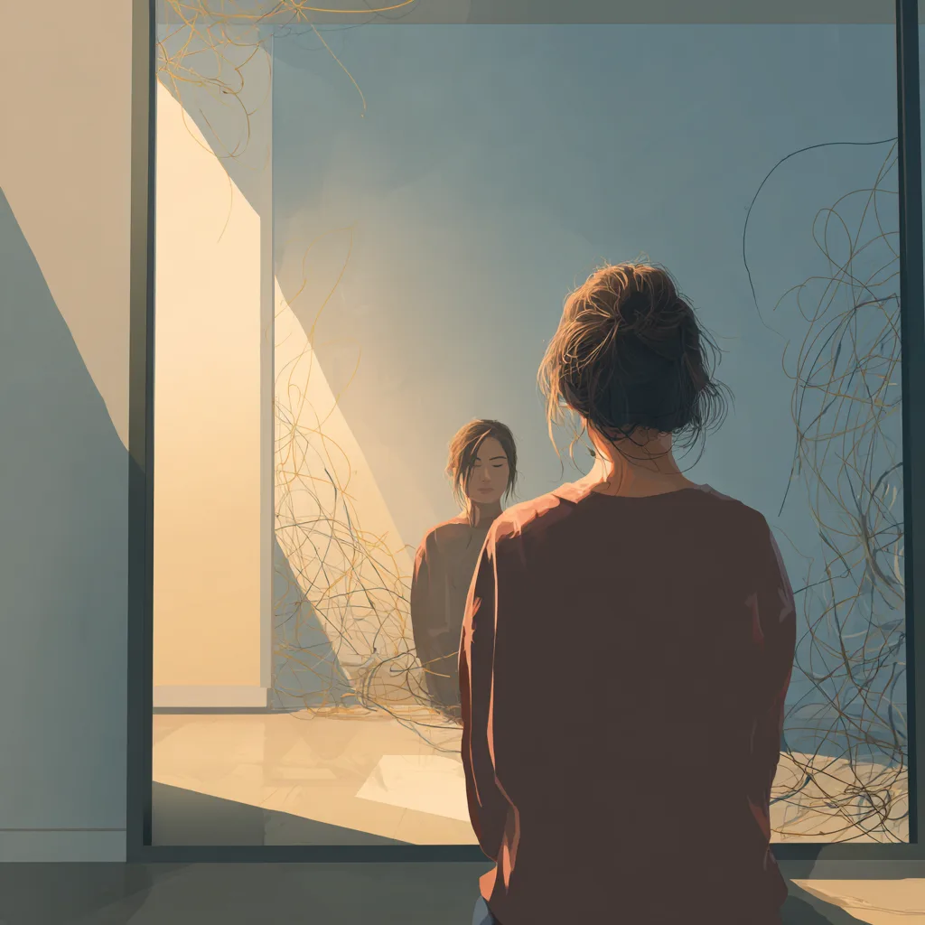 A person seen from behind, gazing at their own reflection in a large mirror, with soft light entering from the side and tangled lines surrounding them, representing inner resilience and the process of listening to oneself with more compassion.