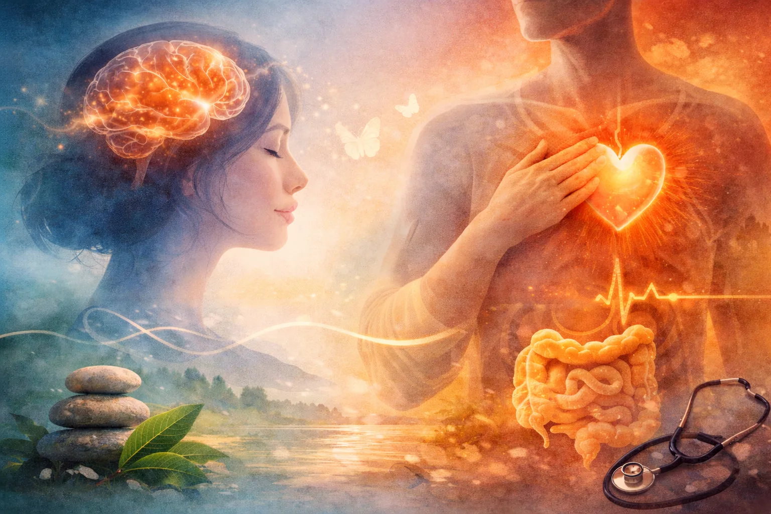 Illustration of the mind-body connection showing how emotions affect physical health, with glowing brain, heart, and digestive system in balance