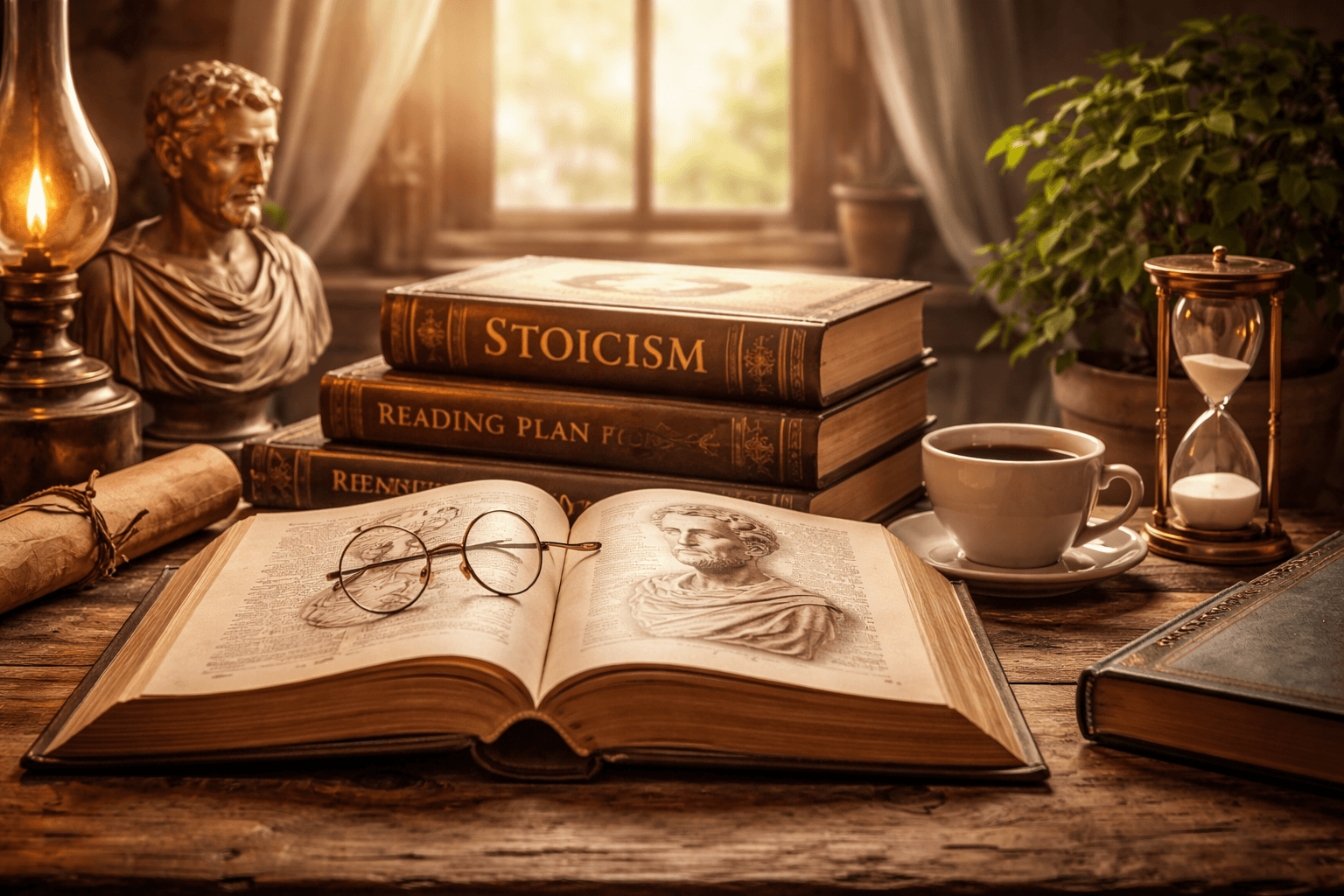 Ultra-realistic stoicism reading plan scene with philosophy books, open book, coffee cup, hourglass, and Marcus Aurelius bust on a wooden desk