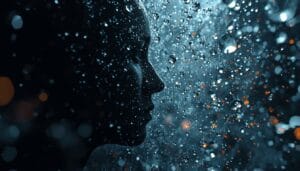 Silhouette of a person reflecting with raindrops and light particles representing emotional maturity and inner stability