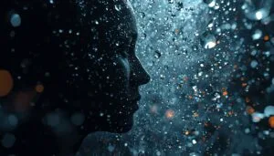 Silhouette of a person reflecting with raindrops and light particles representing emotional maturity and inner stability