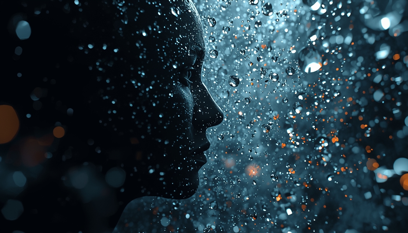 Silhouette of a person reflecting with raindrops and light particles representing emotional maturity and inner stability