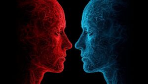 Two abstract human faces in red and blue representing emotional balance in adulthood.
