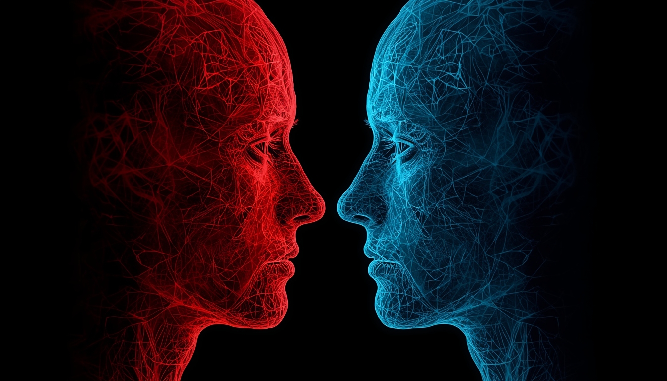 Two abstract human faces in red and blue representing emotional balance in adulthood.
