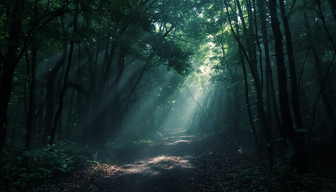 Forest path with soft sunlight representing grief, healing, reflection, and emotional transformation