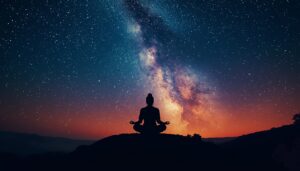 Person meditating under a starry sky and the Milky Way symbolizing inner peace, mindfulness, and emotional balance