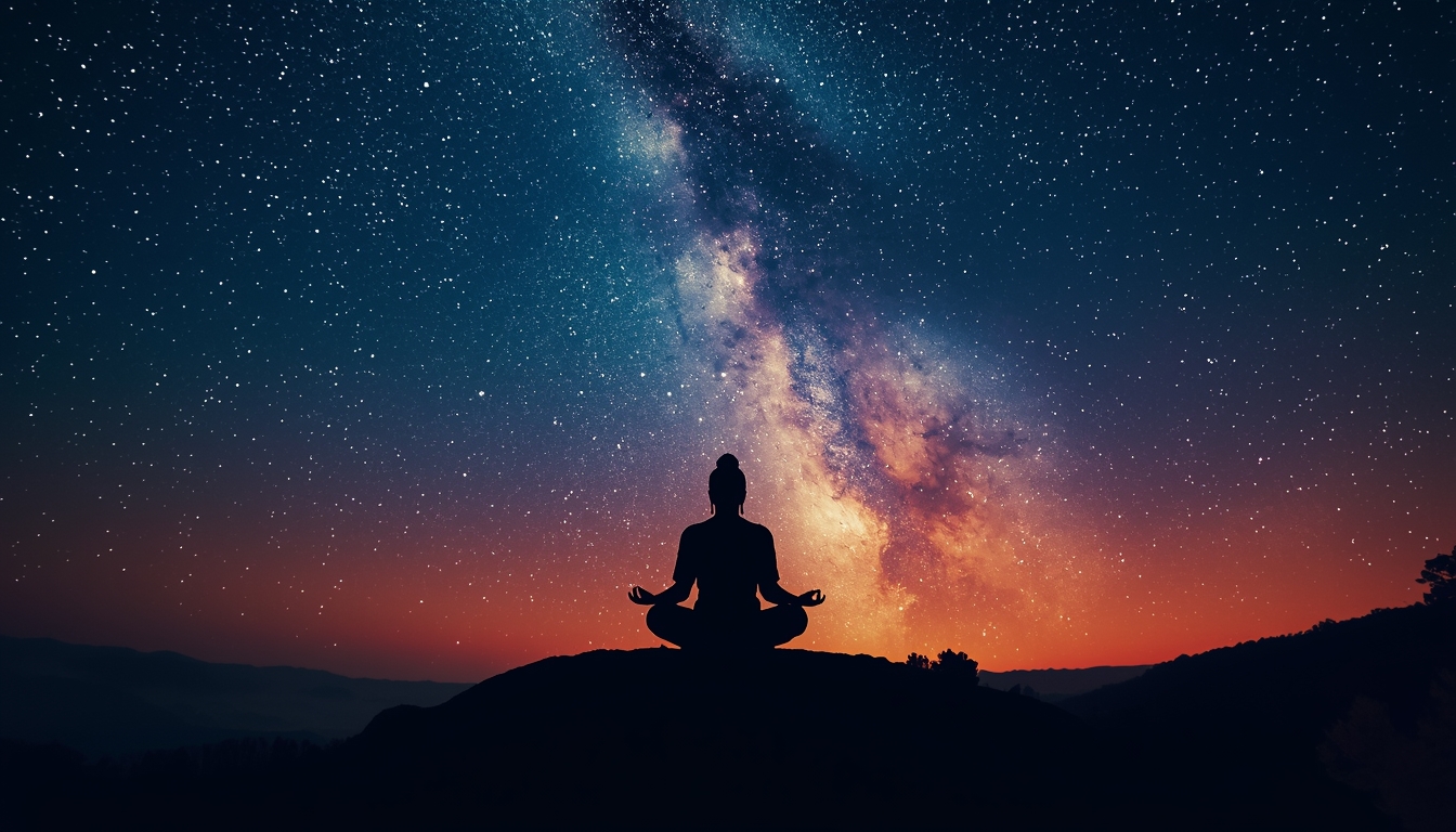 Person meditating under a starry sky and the Milky Way symbolizing inner peace, mindfulness, and emotional balance