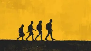 Silhouettes of people walking at different life stages representing the evolution of friendships and emotional growth over time